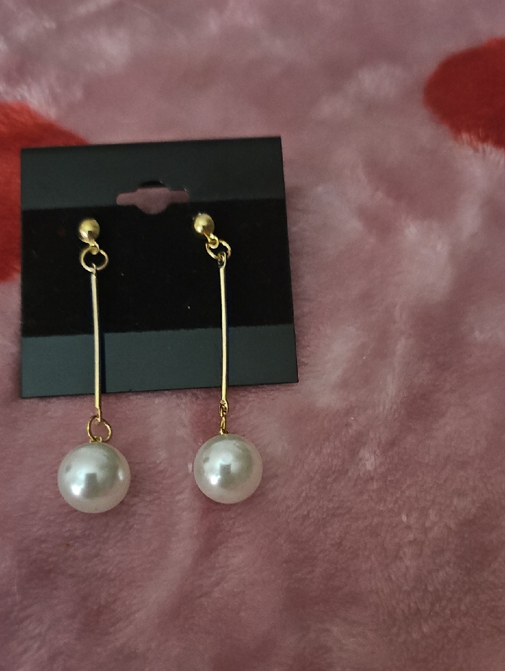 Gold Bar Drop Earrings with White Pearl Pendants